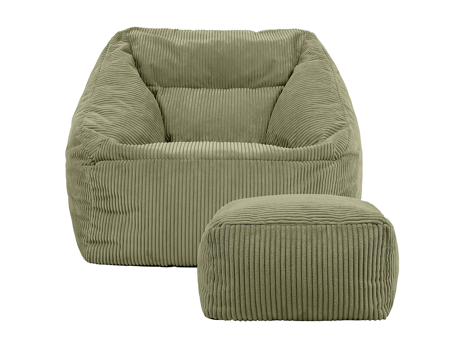 Pouf fauteuil et son repose-pieds carré velours côtelé vert sauge, salon ou chambre - NATALIA