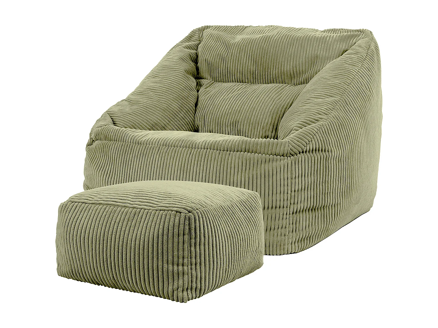 Pouf fauteuil et son repose-pieds carré velours côtelé vert sauge, salon ou chambre - NATALIA