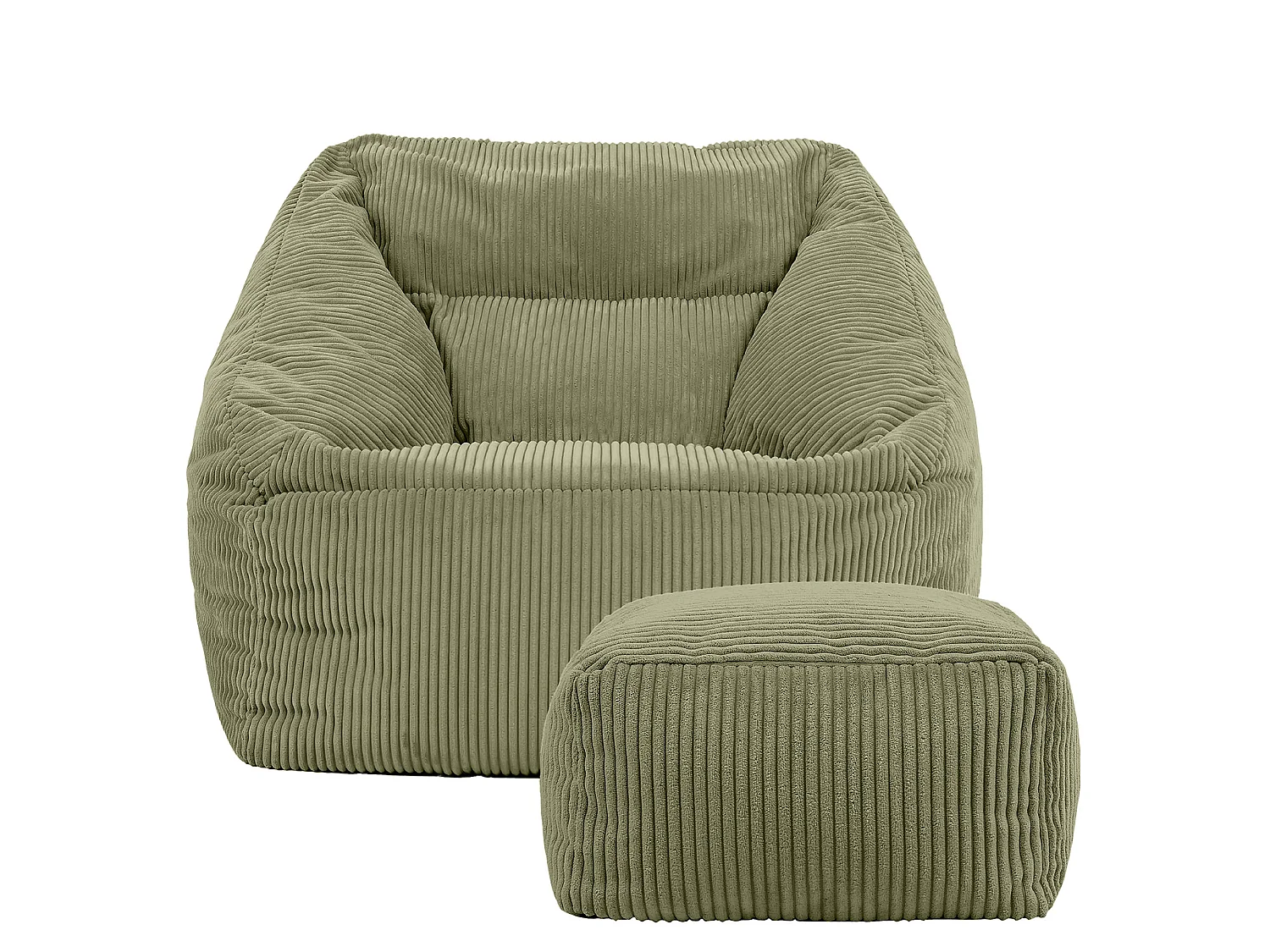 Pouf fauteuil et son repose-pieds carré velours côtelé vert sauge, salon ou chambre - NATALIA