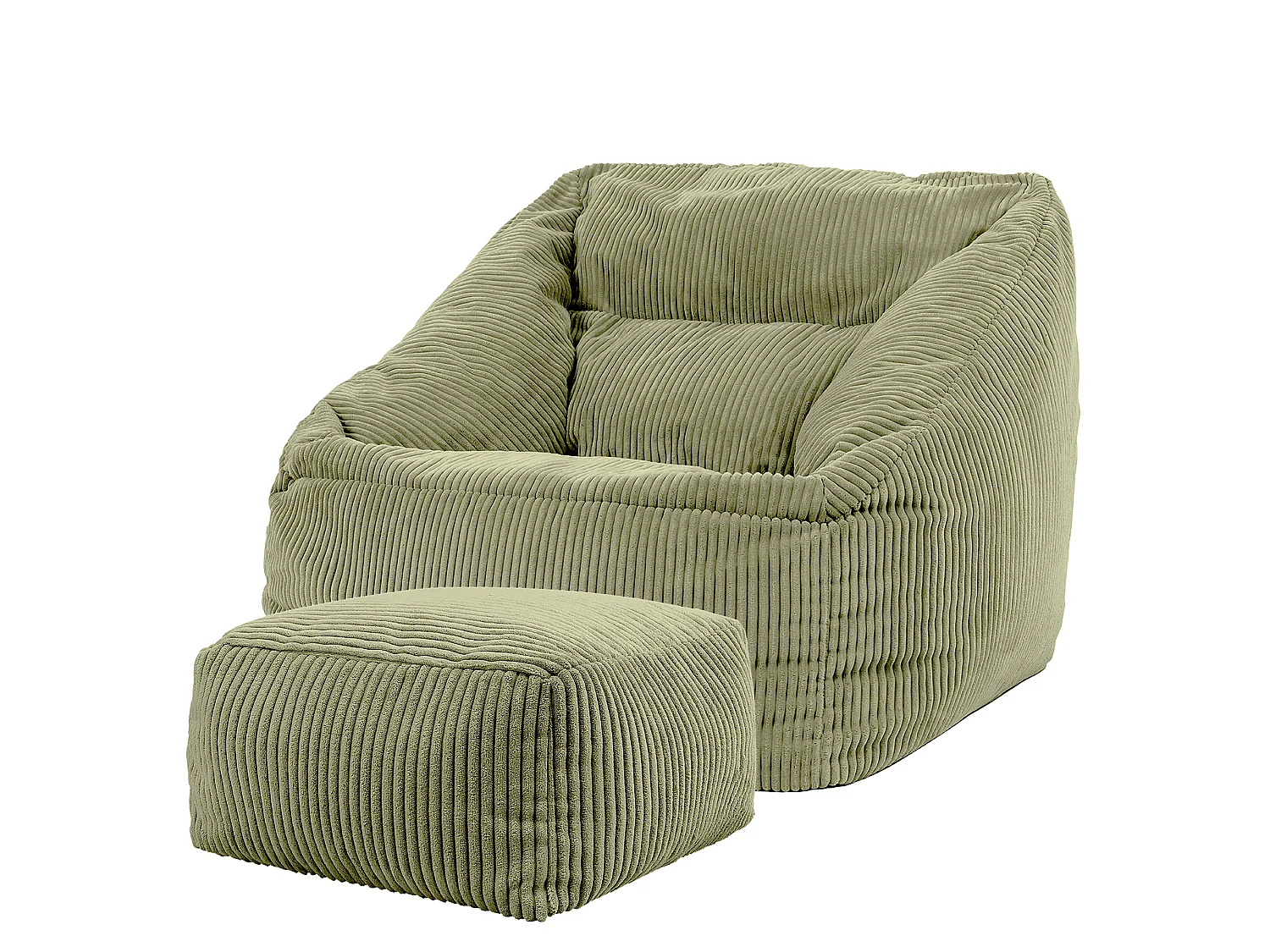 Pouf fauteuil et son repose-pieds carré velours côtelé vert sauge, salon ou chambre - NATALIA