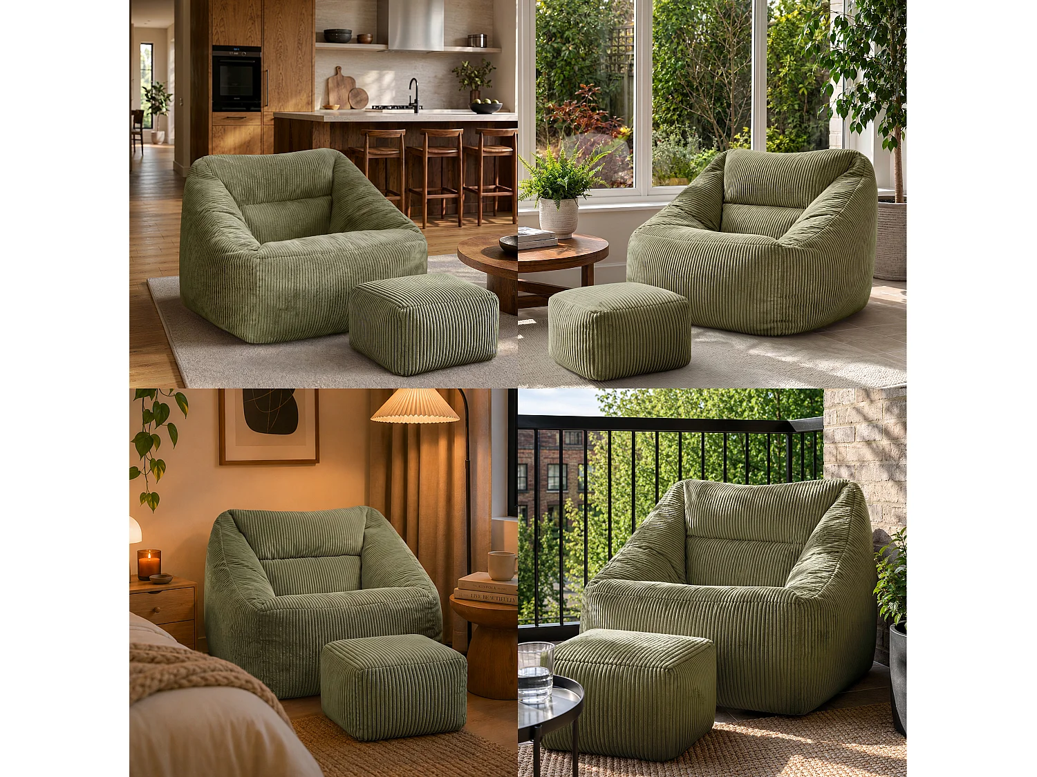 Pouf fauteuil et son repose-pieds carré velours côtelé vert sauge, salon ou chambre - NATALIA