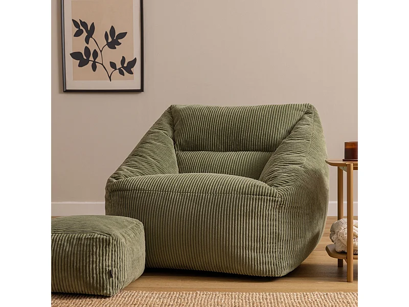 Pouf fauteuil et son repose-pieds carré velours côtelé vert sauge, salon ou chambre - NATALIA
