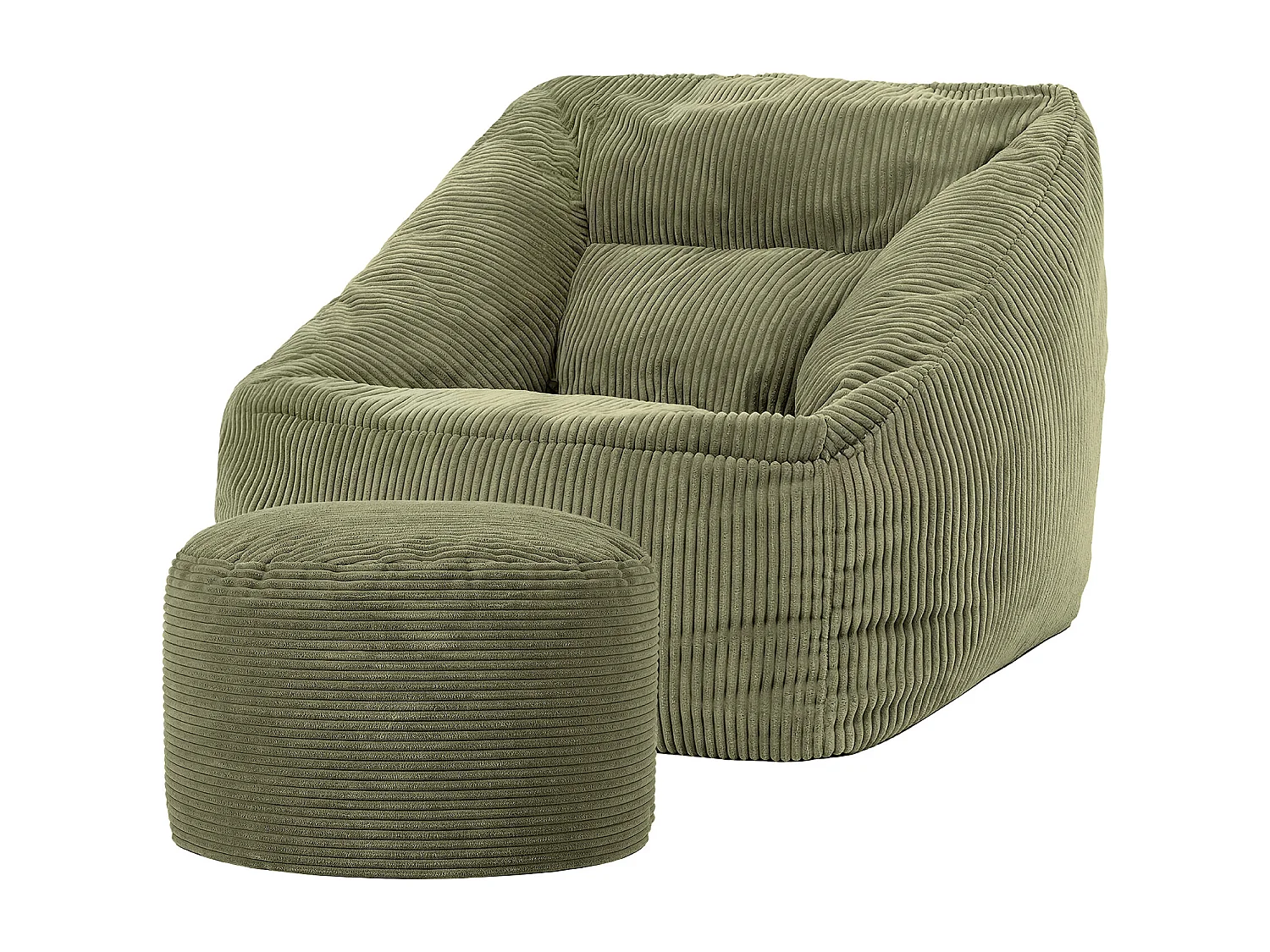 Pouf fauteuil avec repose-pied rond velours côtelé vert sauge, salon ou chambre - NATALIA
