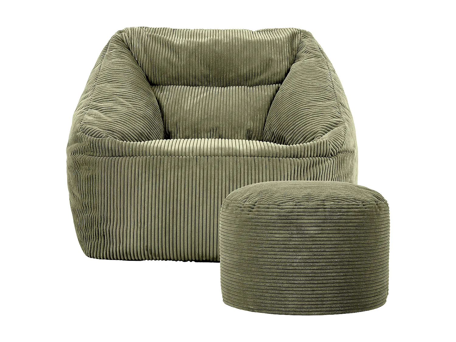 Pouf fauteuil avec repose-pied rond velours côtelé vert sauge, salon ou chambre - NATALIA