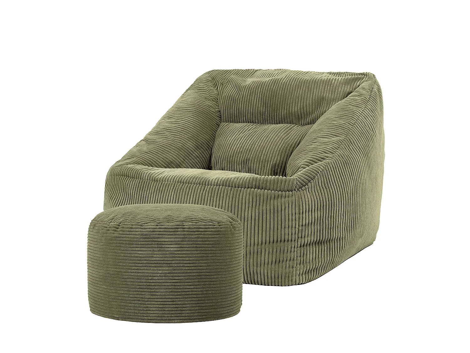 Pouf fauteuil avec repose-pied rond velours côtelé vert sauge, salon ou chambre - NATALIA