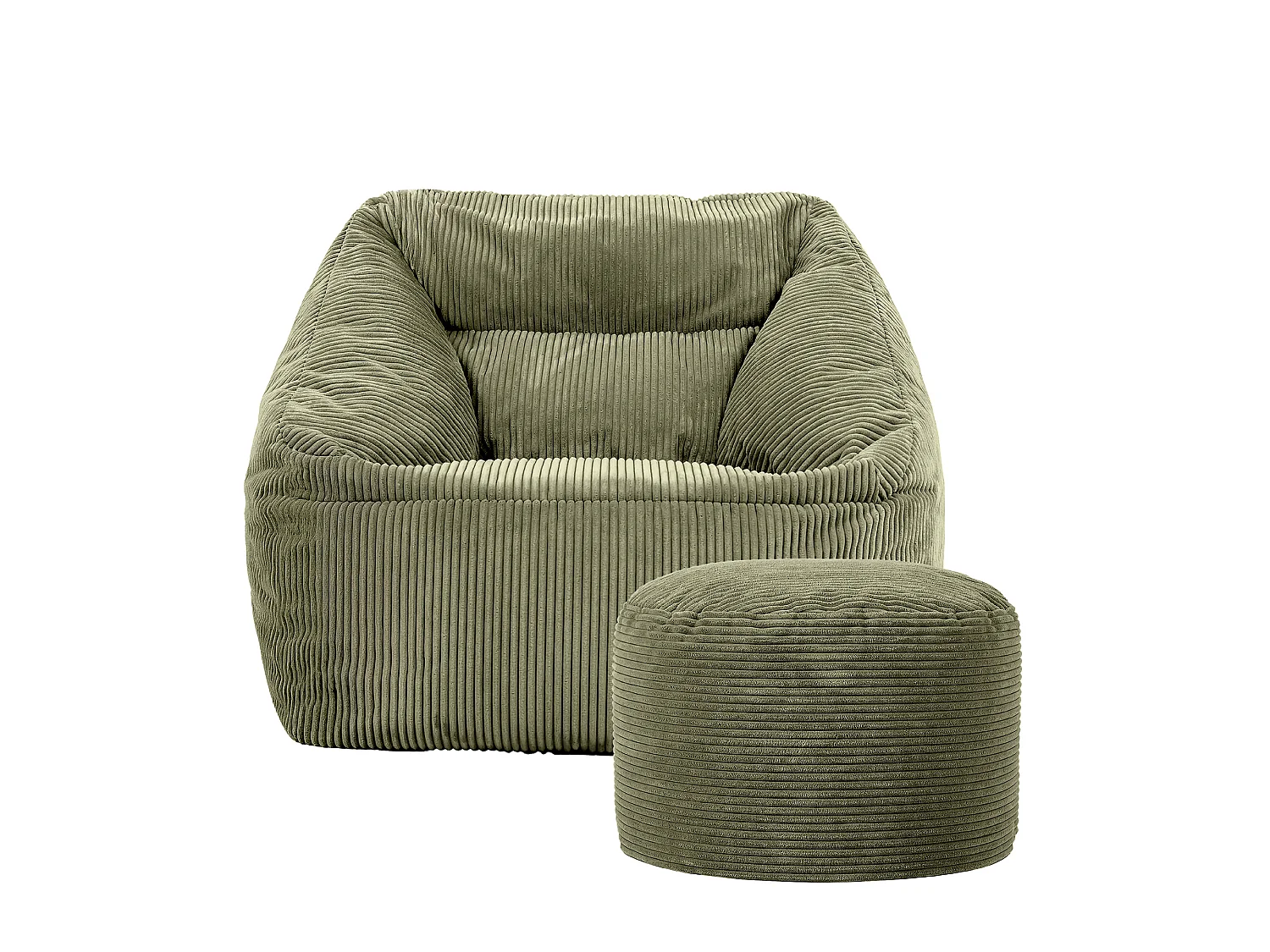 Pouf fauteuil avec repose-pied rond velours côtelé vert sauge, salon ou chambre - NATALIA