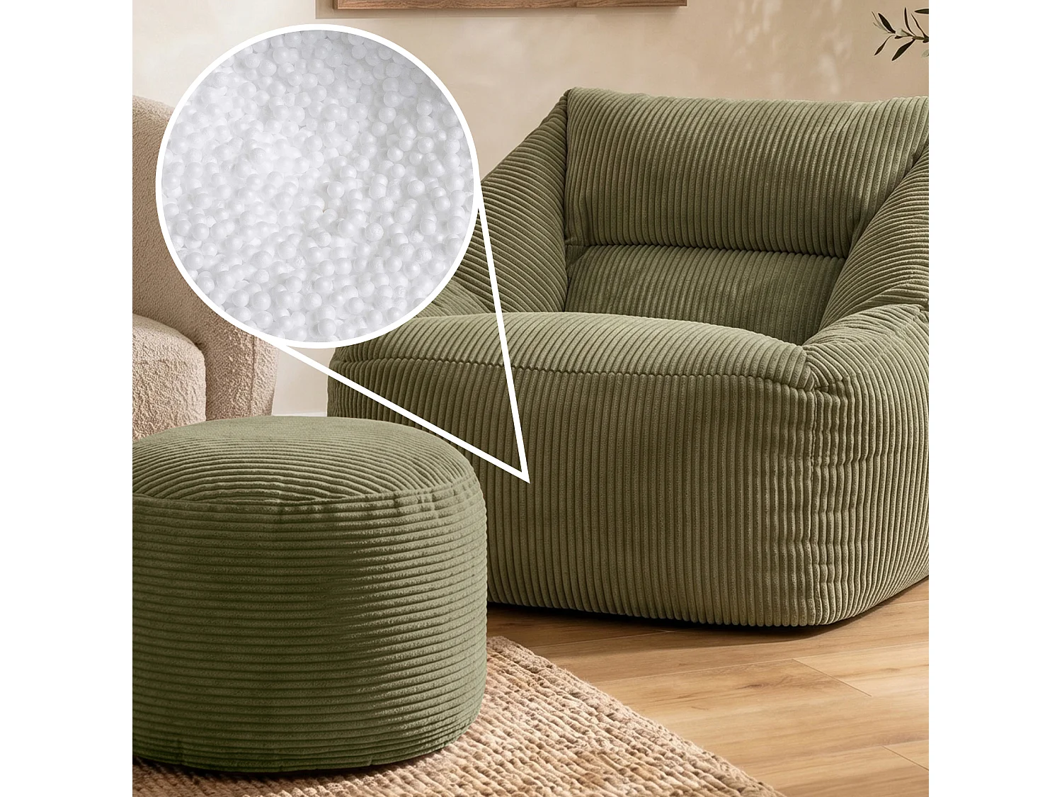 Pouf fauteuil avec repose-pied rond velours côtelé vert sauge, salon ou chambre - NATALIA