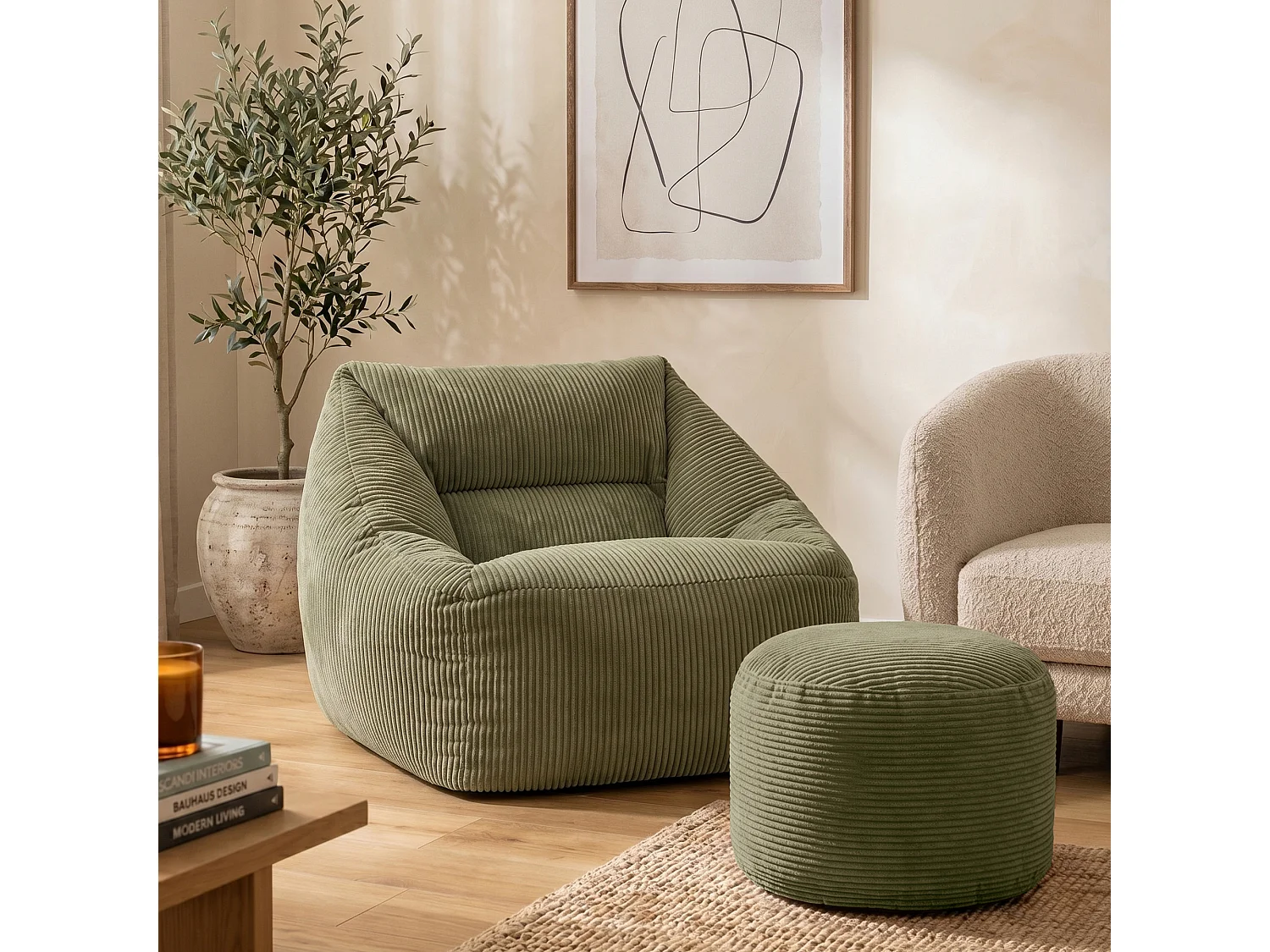 Pouf fauteuil avec repose-pied rond velours côtelé vert sauge, salon ou chambre - NATALIA
