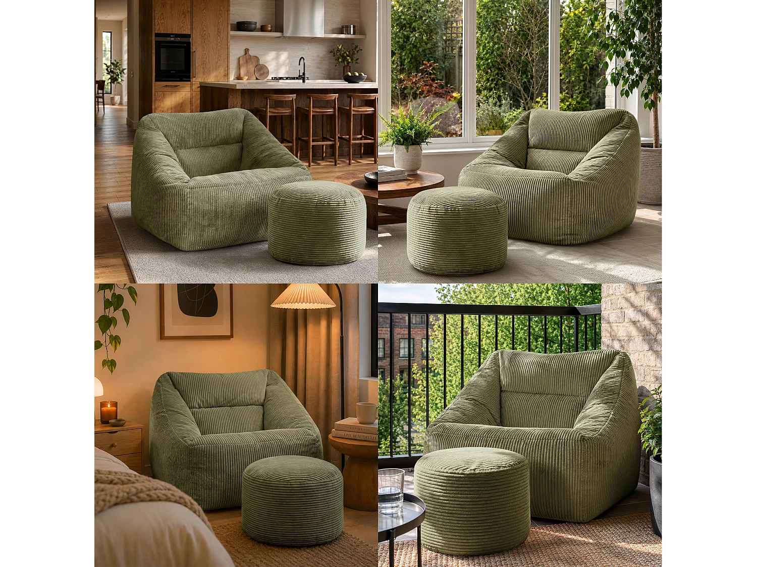 Pouf fauteuil avec repose-pied rond velours côtelé vert sauge, salon ou chambre - NATALIA