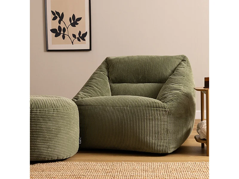 Pouf fauteuil avec repose-pied rond velours côtelé vert sauge, salon ou chambre - NATALIA