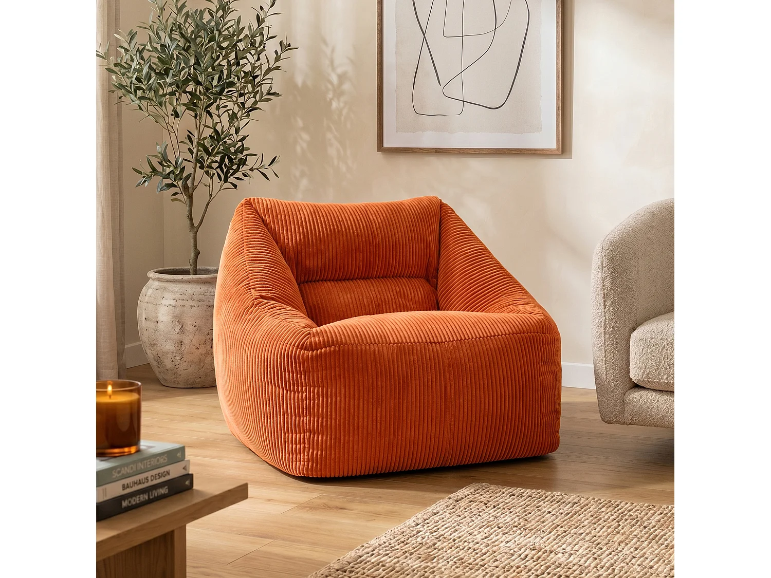 Pouf fauteuil salon ou chambre velours côtelé orage terracotta - NATALIA