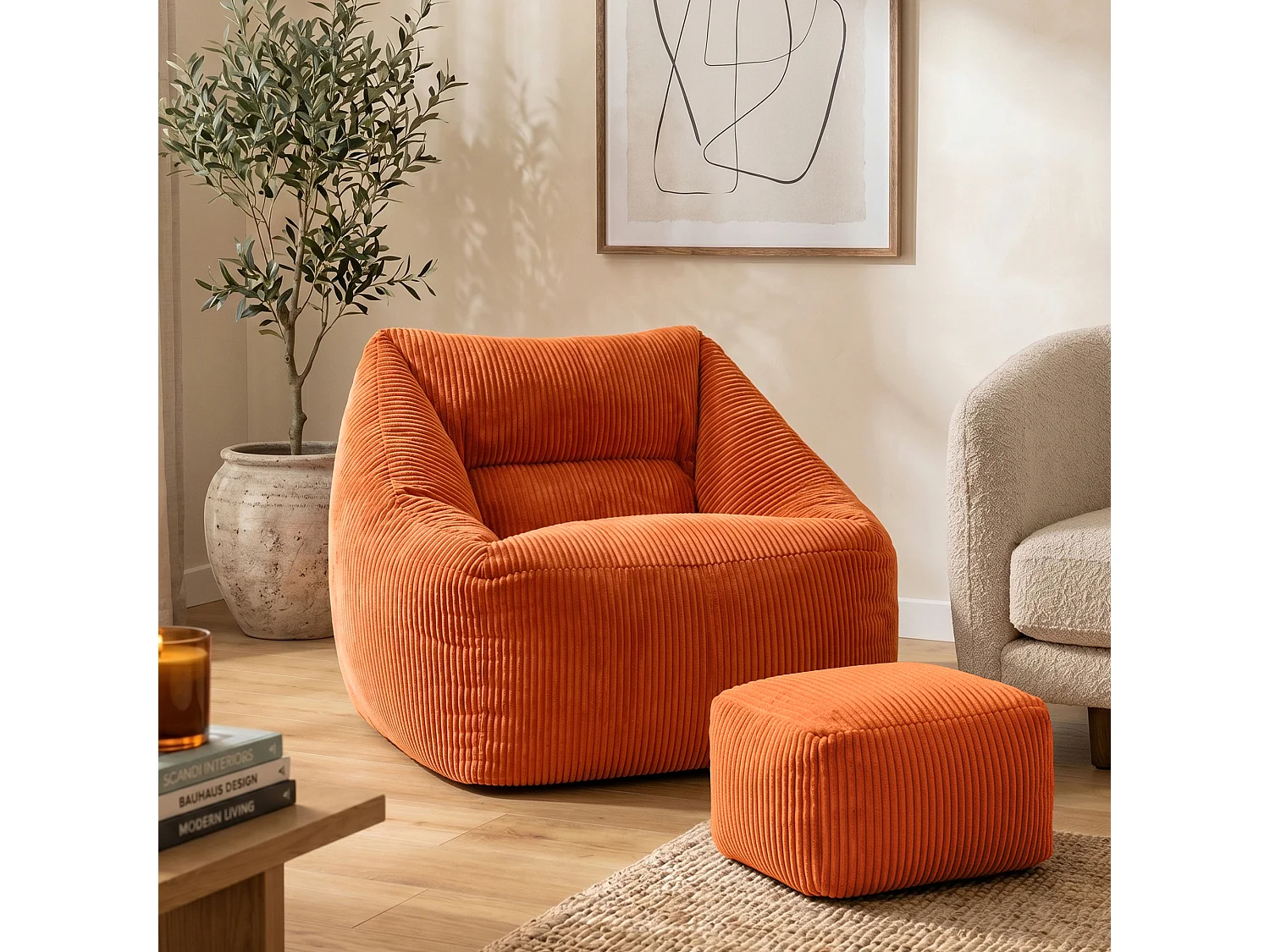 Pouf fauteuil salon ou chambre velours côtelé orage terracotta - NATALIA