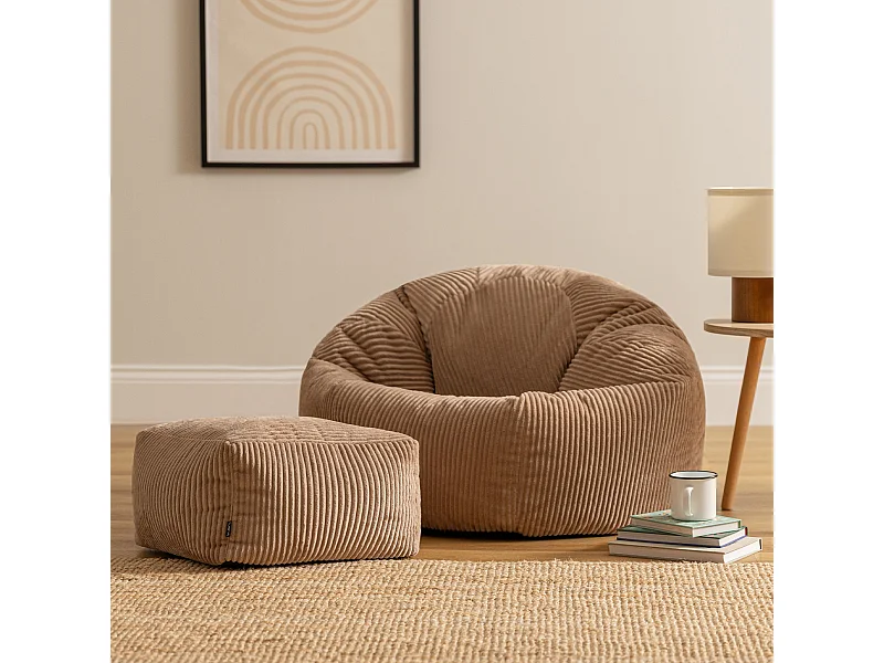 Pouf classique et son repose-pied carré velours côtelé, brun moka, chambre et salon - KINGSTON