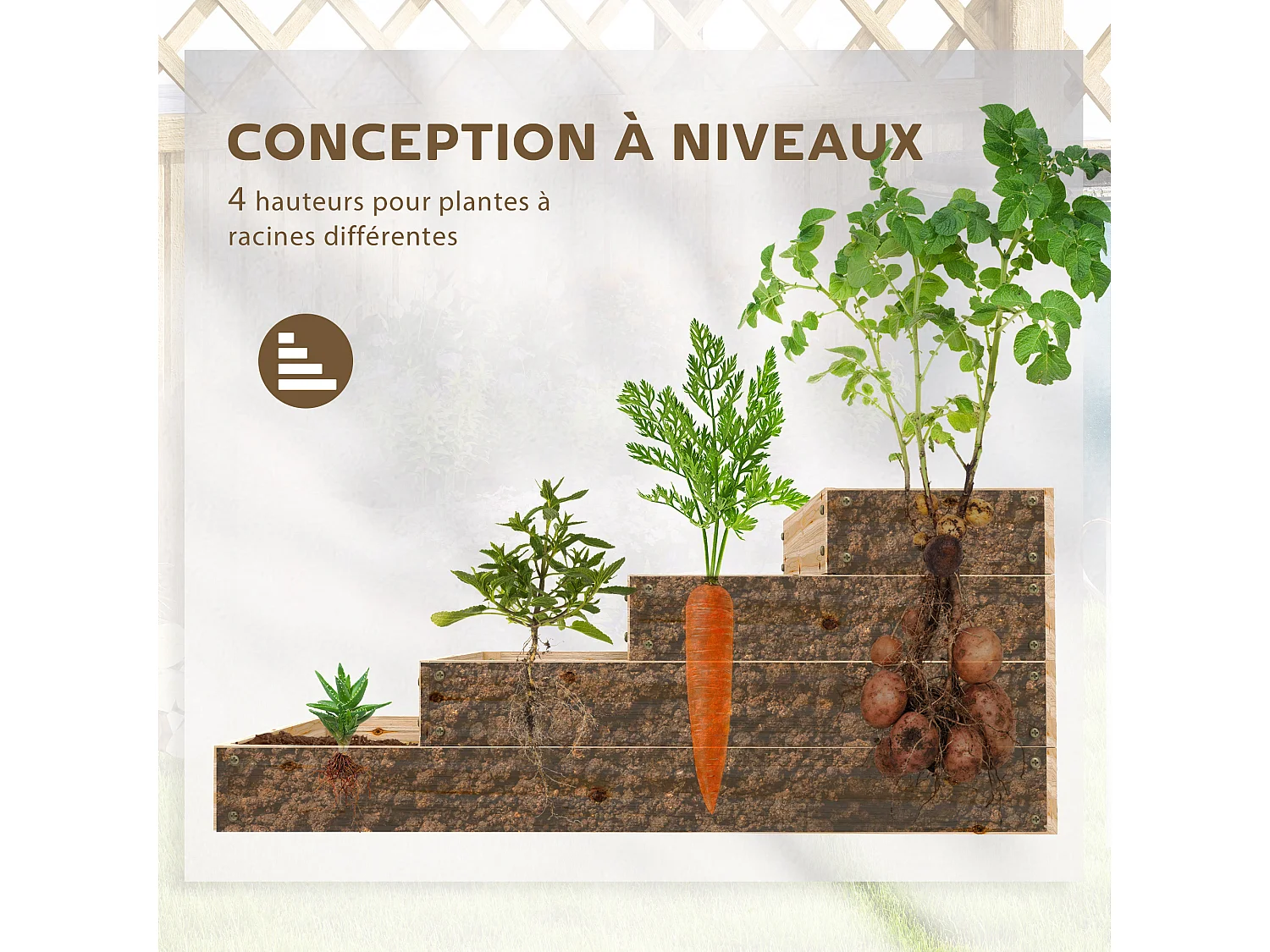 Carré potager jardinière en escalier 4 niveaux dim. 113 x 113 x 46 cm bois sapin naturel