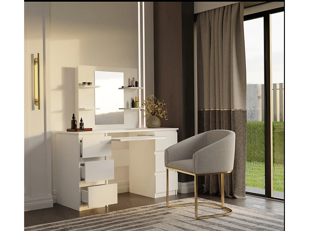 Toaletka MARINA Lustro KUBA Biurko| 130x51x76 cm | Biała| Toaletka z Lustrem i Półkami