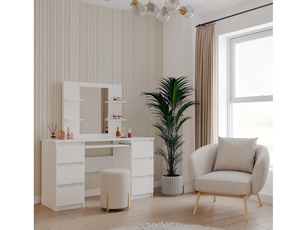 Toaletka MARINA Lustro KUBA Biurko| 130x51x76 cm | Biała| Toaletka z Lustrem i Półkami