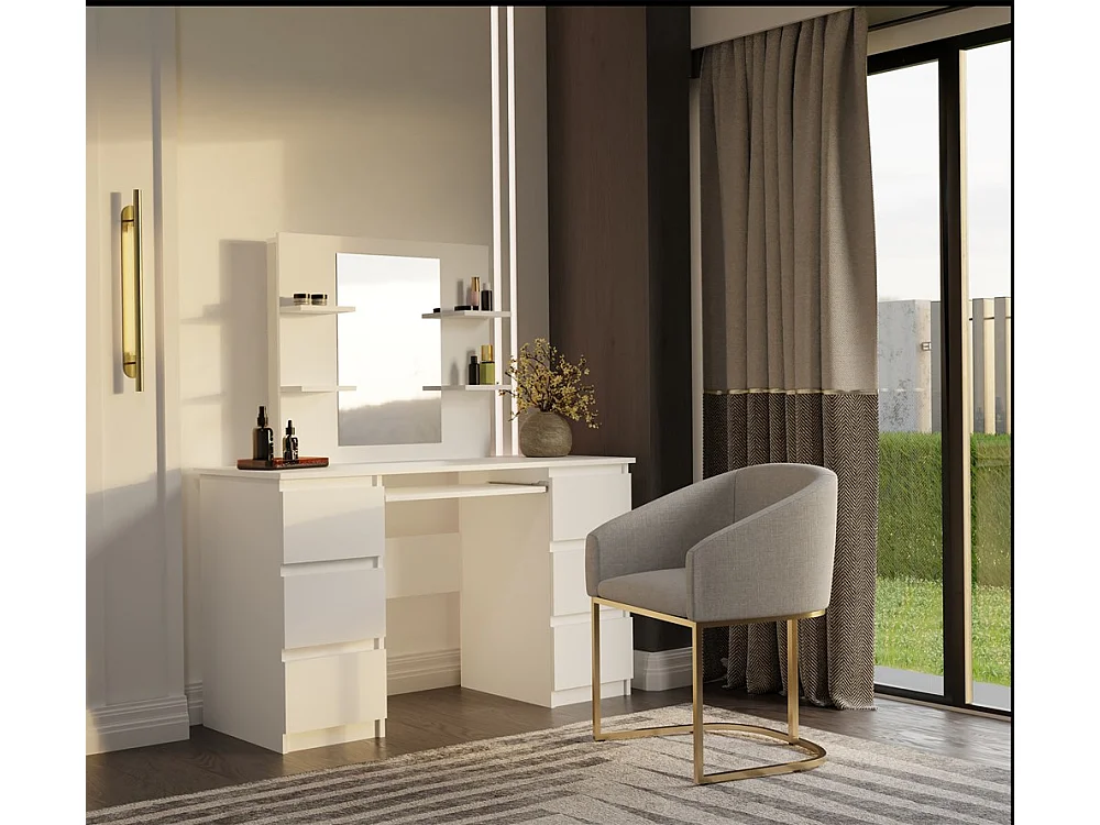 Toaletka MARINA Lustro KUBA Biurko| 130x51x76 cm | Biała| Toaletka z Lustrem i Półkami