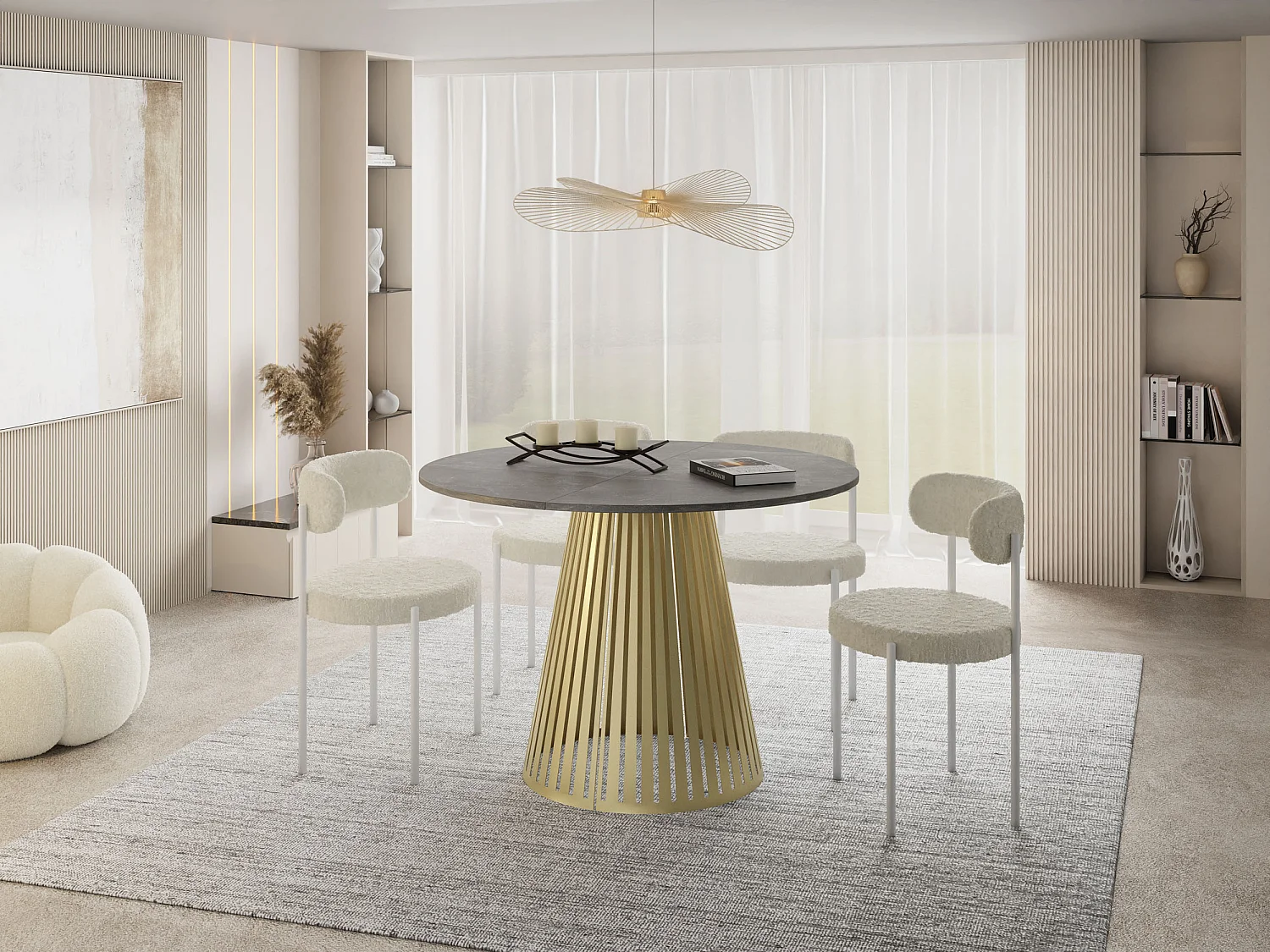 Esstisch Rund Ausziehbar mit Lamellen im Loft-Stil – 120 cm – Industrieller Tisch mit Goldenen Metallbeinen, Platzsparend für Wohnzimmer – Grauer Beton