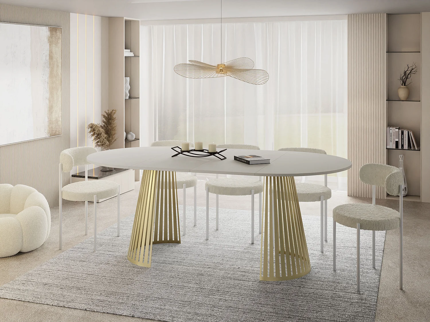 Esstisch Rund Ausziehbar mit Lamellen im Loft-Stil – 120 cm – Industrieller Tisch mit Goldenen Metallbeinen, Platzsparend für Wohnzimmer – Beige Kaschmir