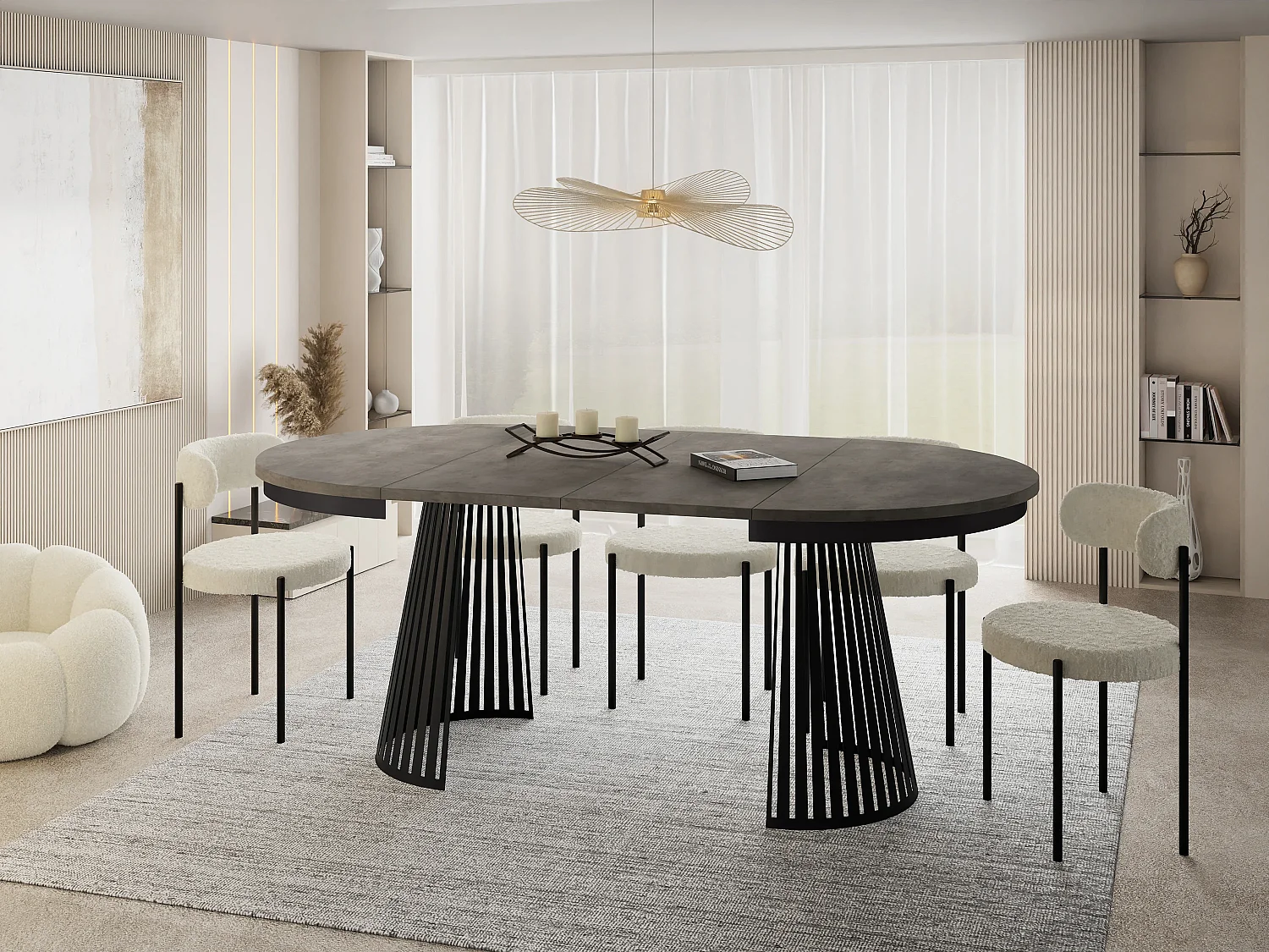 Esstisch Rund Ausziehbar mit Lamellen im Loft-Stil – 100 cm – Industrieller Tisch mit Schwarzen Metallbeinen, Platzsparend für Esszimmer – Beton-Optik Dunkelgrau