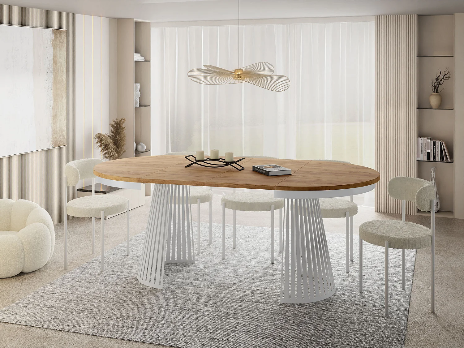 Table à Manger Ronde Extensible Style Loft – 120 à 200 cm – Design Industriel avec Pieds en Métal Blanc, Gain de Place pour Salon ou Salle à Manger – Marron