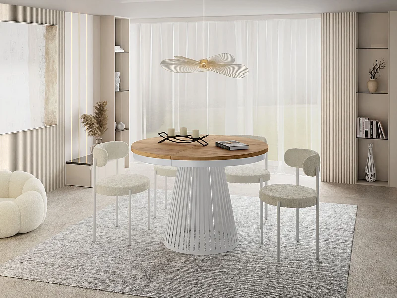 Esstisch Rund Ausziehbar mit Lamellen im Loft-Stil – 120 cm – Industrieller Tisch mit Weißen Metallbeinen, Platzsparend für Wohnzimmer oder Esszimmer – Braun