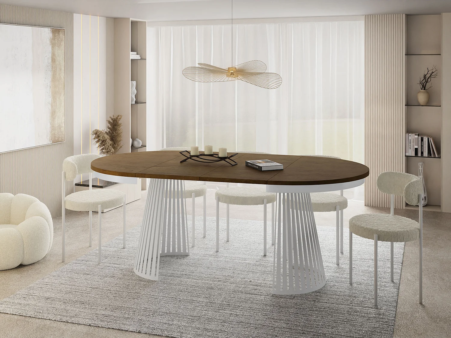 Table à Manger Ronde Extensible Style Loft – 100 à 180 cm – Design Industriel avec Pieds en Métal Blanc, Gain de Place pour Salon ou Salle à Manger – Marron