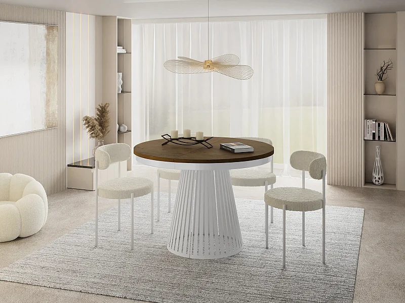 Table à Manger Ronde Extensible Style Loft – 100 à 180 cm – Design Industriel avec Pieds en Métal Blanc, Gain de Place pour Salon ou Salle à Manger – Marron