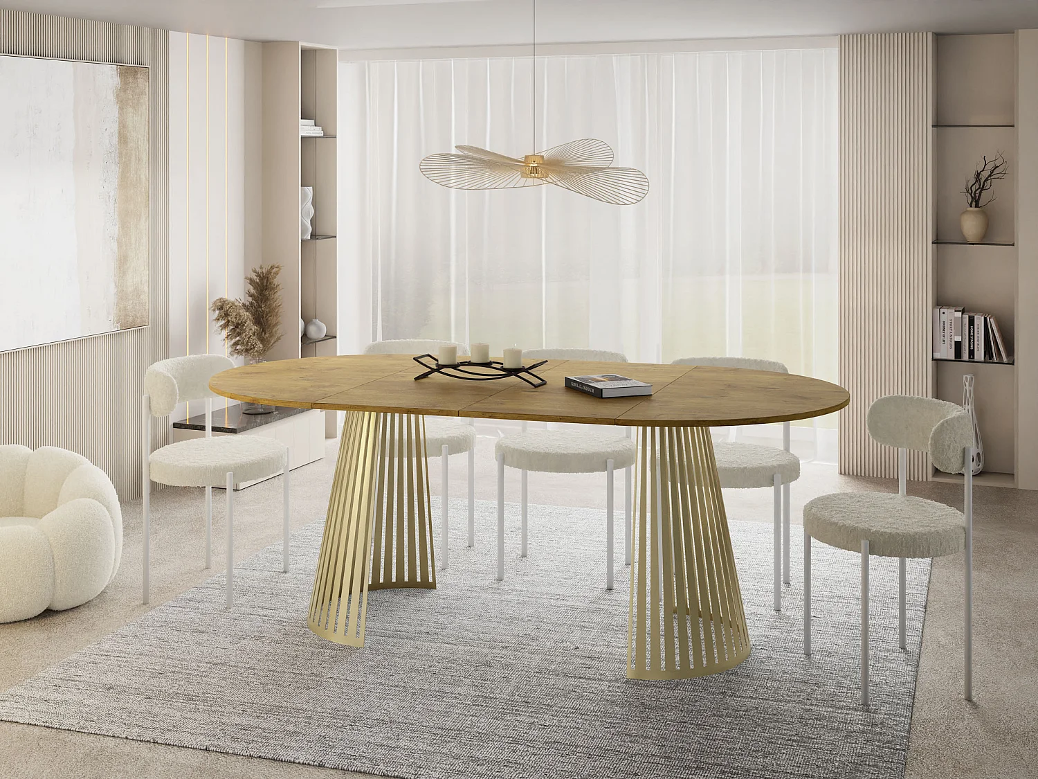 Table à Manger Ronde Extensible Style Loft – 100 cm – Design Industriel avec Pieds en Métal Doré, Gain de Place pour Salon ou Salle à Manger – Marron