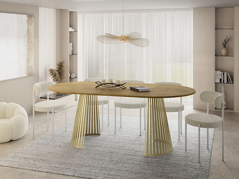 Table à Manger Ronde Extensible Style Loft – 100 cm – Design Industriel avec Pieds en Métal Doré, Gain de Place pour Salon ou Salle à Manger – Marron