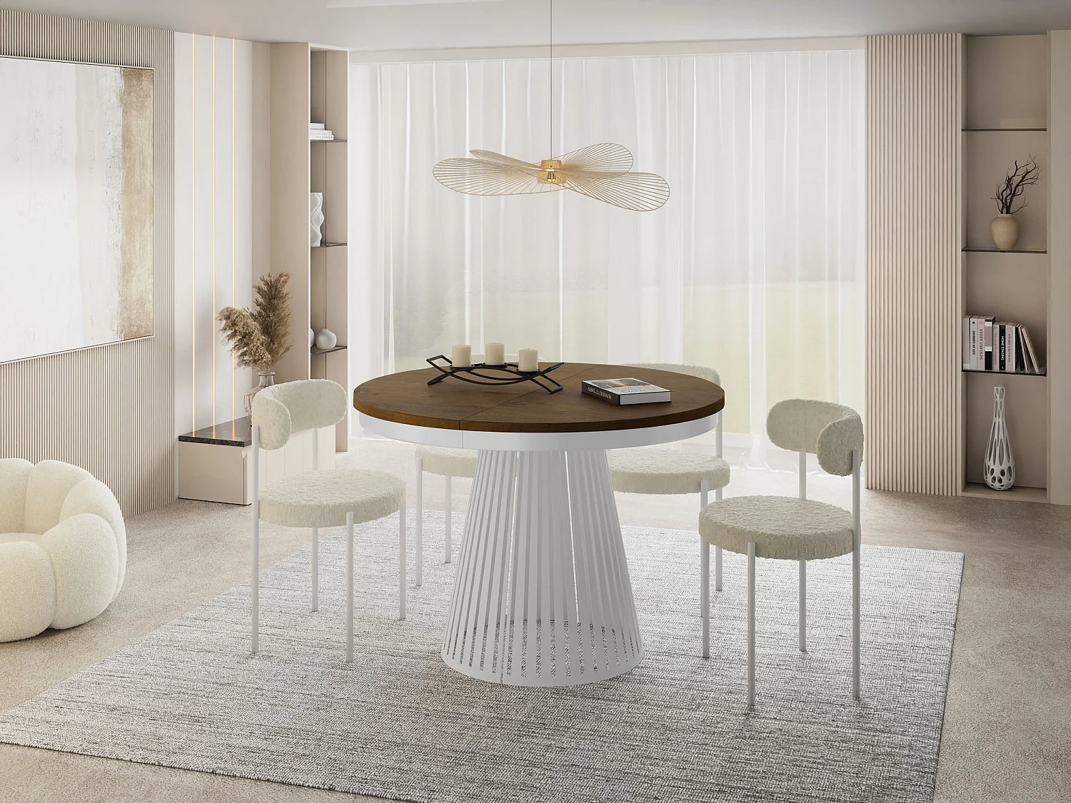 Table à Manger Ronde Extensible Style Loft – 120 à 200 cm – Design Industriel avec Pieds en Métal Blanc, Gain de Place pour Salon ou Salle à Manger – Marron