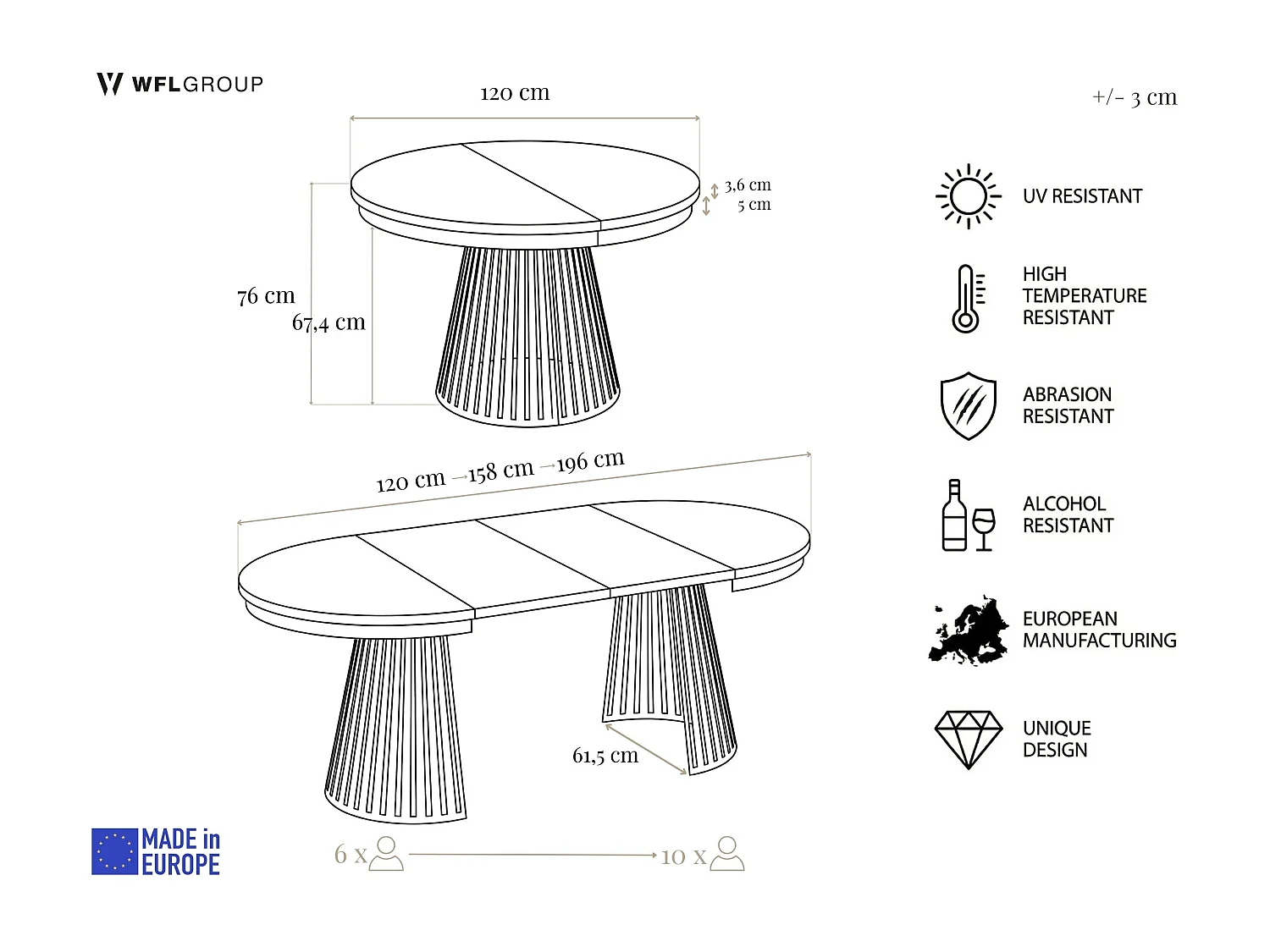 Table à Manger Ronde Extensible Style Loft – 120 à 200 cm – Design Industriel avec Pieds en Métal Blanc, Gain de Place pour Salon ou Salle à Manger – Marron