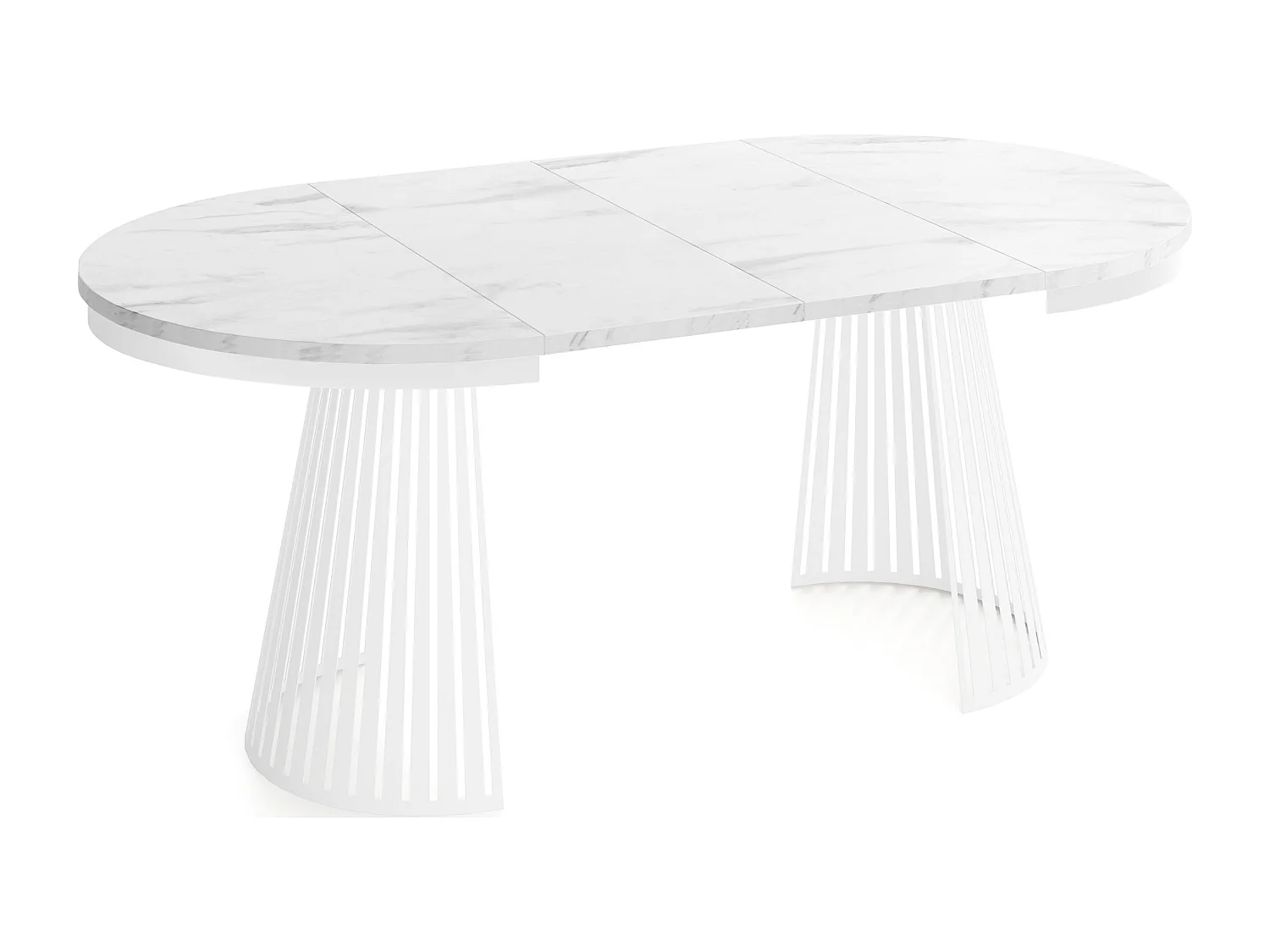 Esstisch Rund Ausziehbar mit Lamellen im Loft-Stil – 120 cm – Industrieller Tisch mit Weißen Metallbeinen, Platzsparend für Wohnzimmer Esszimmer – Marmor Weiß