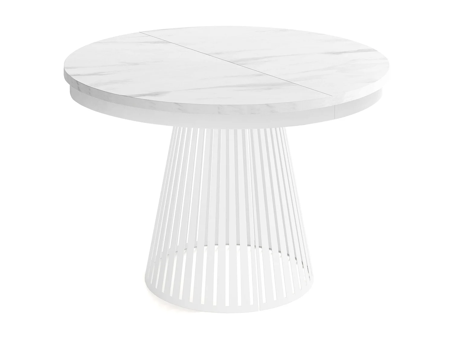 Esstisch Rund Ausziehbar mit Lamellen im Loft-Stil – 120 cm – Industrieller Tisch mit Weißen Metallbeinen, Platzsparend für Wohnzimmer Esszimmer – Marmor Weiß