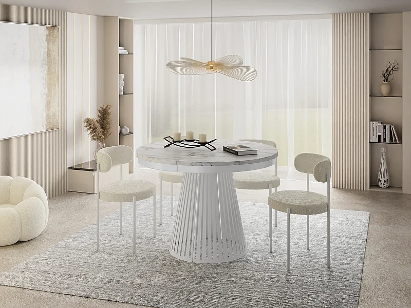 Table à Manger Ronde Extensible Style Loft – 120 à 200 cm – Design Industriel avec Pieds en Métal Blanc, Gain de Place pour Salon ou Salle à Manger – Marbre Blanc