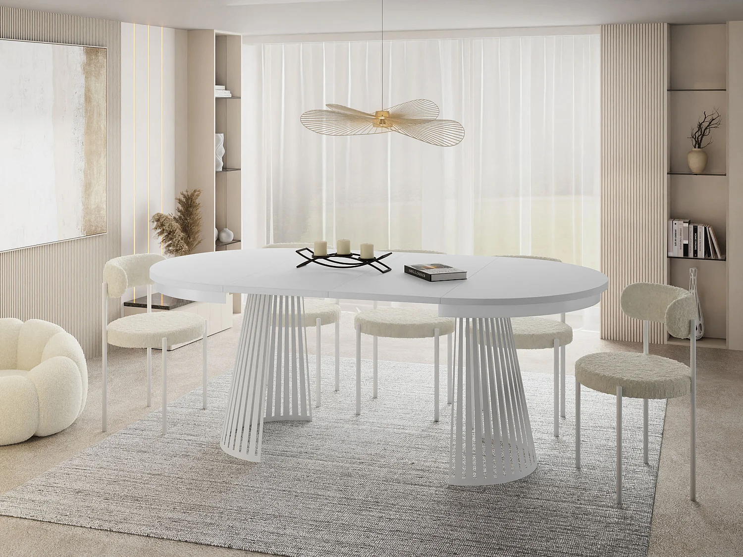 Esstisch Rund Ausziehbar mit Lamellen im Loft-Stil – 120 cm – Industrieller Tisch mit Weißen Metallbeinen, Platzsparend für Wohnzimmer Esszimmer – Weiß