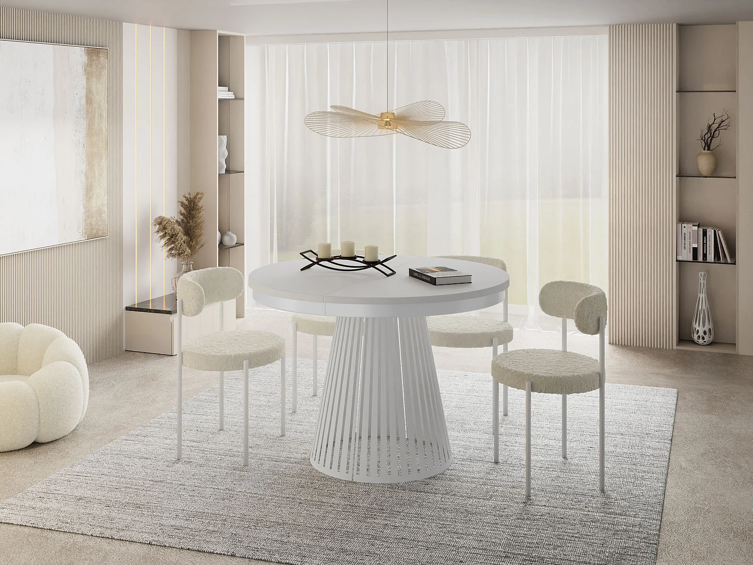 Esstisch Rund Ausziehbar mit Lamellen im Loft-Stil – 120 cm – Industrieller Tisch mit Weißen Metallbeinen, Platzsparend für Wohnzimmer Esszimmer – Weiß