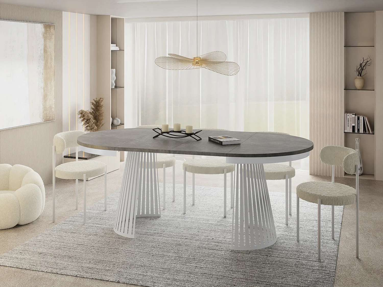 Table à Manger Ronde Extensible Style Loft – 100 à 180 cm – Design Industriel avec Pieds en Métal Blanc, Gain de Place pour Salon ou Salle à Manger – Gris Béton