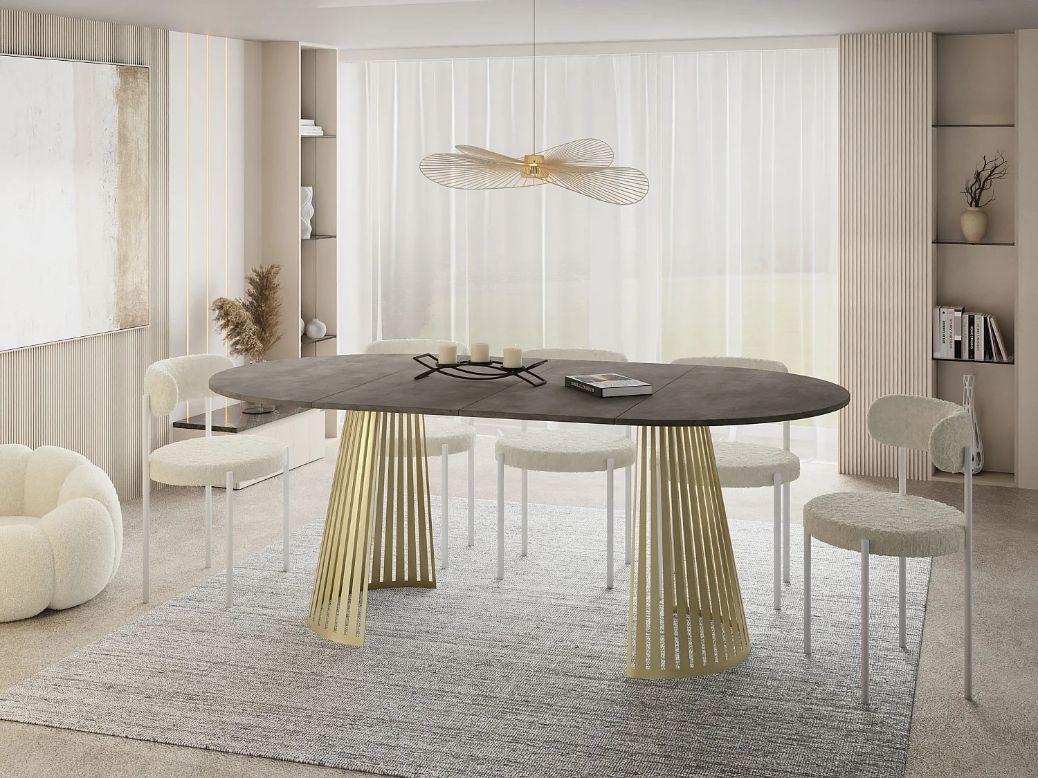 Esstisch Rund Ausziehbar mit Lamellen im Loft-Stil – 120 cm – Industrieller Tisch mit Goldenen Metallbeinen, Platzsparend – Beton-Optik Dunkelgrau