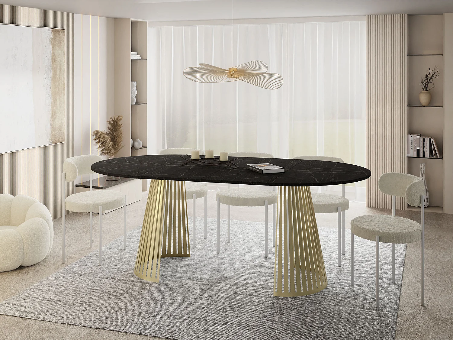 Esstisch Rund Ausziehbar mit Lamellen im Loft-Stil – 100 cm – Industrieller Tisch mit Goldenen Metallbeinen, Platzsparend für Wohnzimmer – Marmor Schwarz