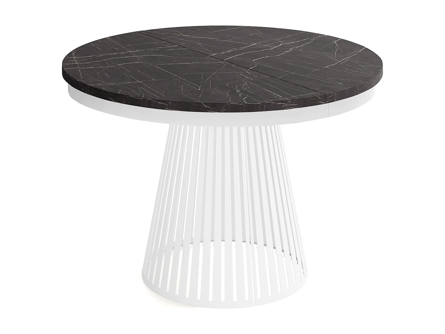 Esstisch Rund Ausziehbar mit Lamellen im Loft-Stil – 100 cm – Industrieller Tisch mit Weißen Metallbeinen, Platzsparend für Wohnzimmer Esszimmer – Marmor Schwarz