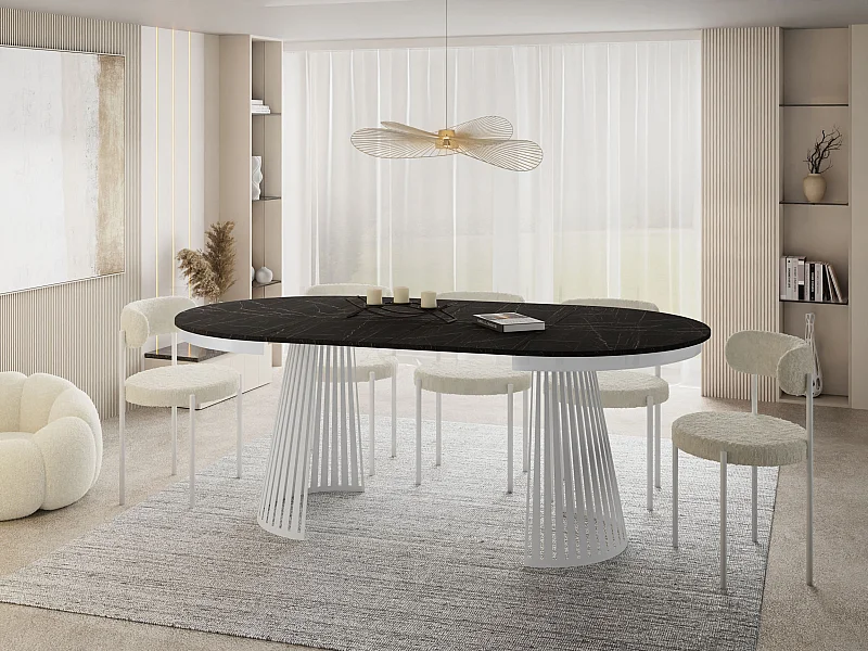 Esstisch Rund Ausziehbar mit Lamellen im Loft-Stil – 100 cm – Industrieller Tisch mit Weißen Metallbeinen, Platzsparend für Wohnzimmer Esszimmer – Marmor Schwarz