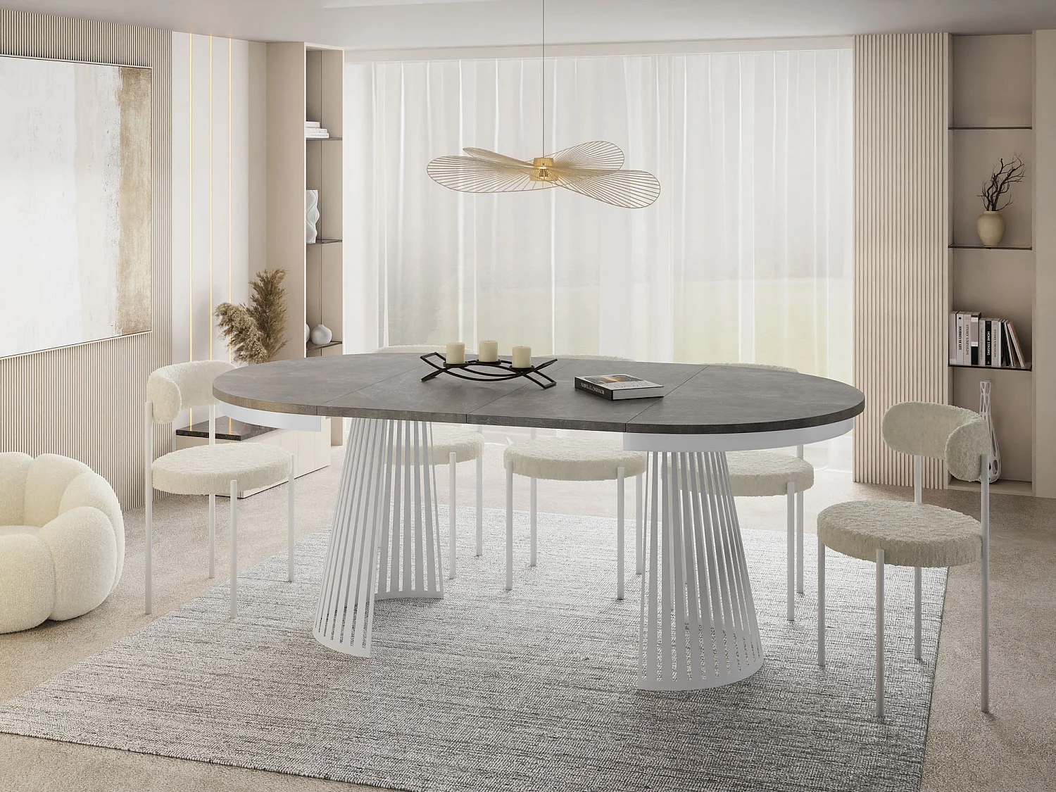 Table à Manger Ronde Extensible Style Loft – 120 à 200 cm – Design Industriel avec Pieds en Métal Blanc, Gain de Place pour Salon ou Salle à Manger – Gris Béton