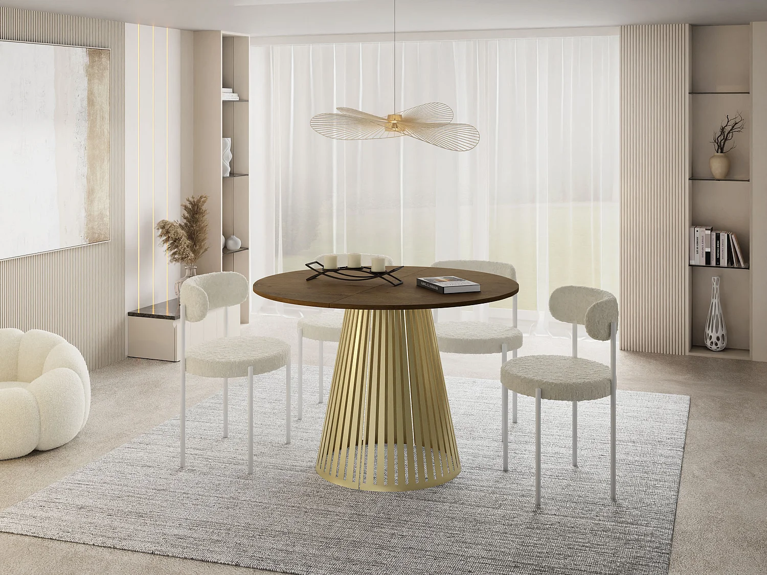 Esstisch Rund Ausziehbar mit Lamellen im Loft-Stil – 120 cm – Industrieller Tisch mit Goldenen Metallbeinen, Platzsparend für Wohnzimmer Esszimmer – Braun