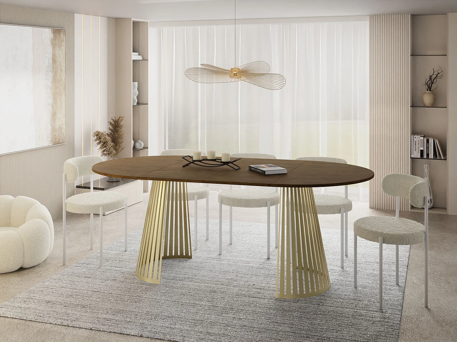 Esstisch Rund Ausziehbar mit Lamellen im Loft-Stil – 120 cm – Industrieller Tisch mit Goldenen Metallbeinen, Platzsparend für Wohnzimmer Esszimmer – Braun