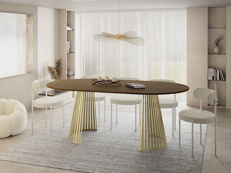 Table à Manger Ronde Extensible Style Loft – 120 cm – Design Industriel avec Pieds en Métal Doré, Gain de Place pour Salon ou Salle à Manger – Marron