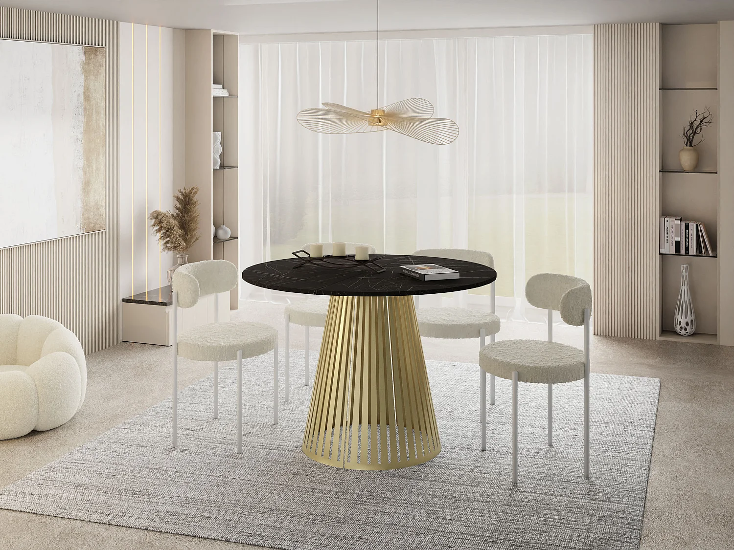 Esstisch Rund Ausziehbar mit Lamellen im Loft-Stil – 120 cm – Industrieller Tisch mit Goldenen Metallbeinen, Platzsparend für Wohnzimmer – Marmor Schwarz