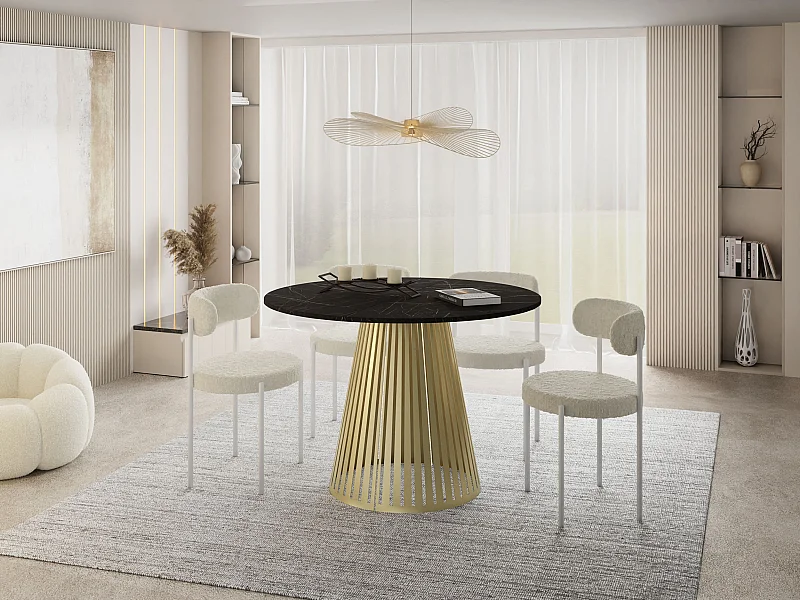 Esstisch Rund Ausziehbar mit Lamellen im Loft-Stil – 120 cm – Industrieller Tisch mit Goldenen Metallbeinen, Platzsparend für Wohnzimmer – Marmor Schwarz