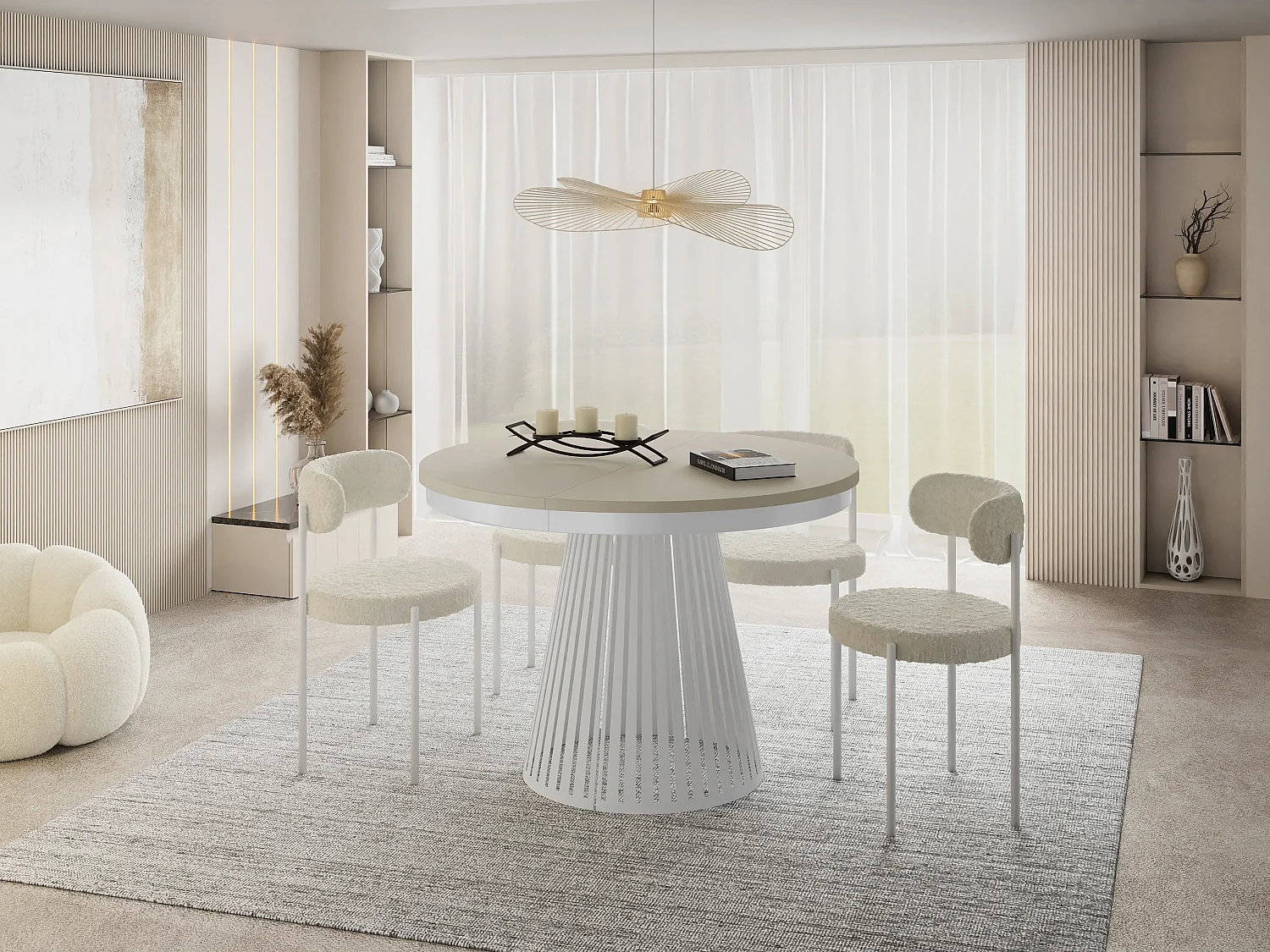Table à Manger Ronde Extensible Style Loft – 100 à 180 cm – Design Industriel avec Pieds en Métal Blanc, Gain de Place pour Salon Salle à Manger – Beige Cachemire