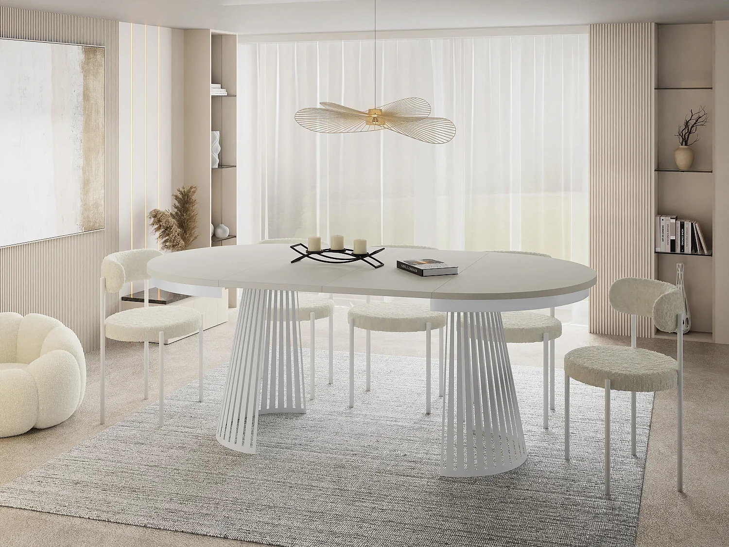 Table à Manger Ronde Extensible Style Loft – 100 à 180 cm – Design Industriel avec Pieds en Métal Blanc, Gain de Place pour Salon Salle à Manger – Beige Cachemire